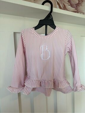 Kids Pink Striped Long-Sleeve Rashguard Top with Ruffle Hem